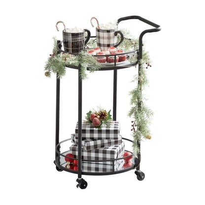 mDesign Metal Vintage Round Beverage Rolling Cart for Home - 2-Tier Serving Bar Trolley with Easy-Glide, Rotating Wheels, Built-in Handle, and Glass Shelves for Wine and Craft Beer - Black Round
