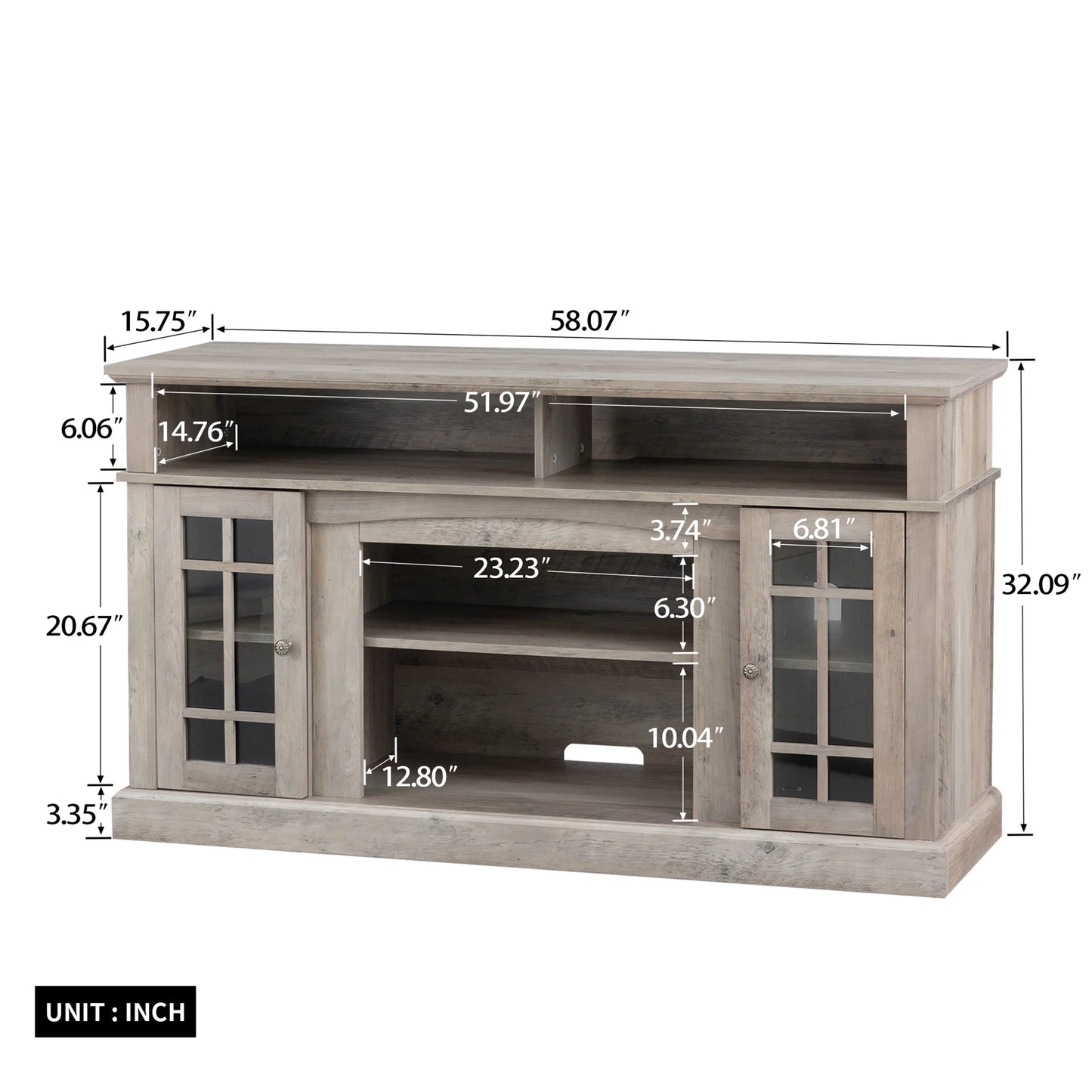 Electric Fireplace TV Stand for 65" TV, Farmhouse TV Stand for Living Room with Adjustable Shelves and Glass Doors, Media Console with Wireless Remote Control Virtual Flame Fireplace, Gray