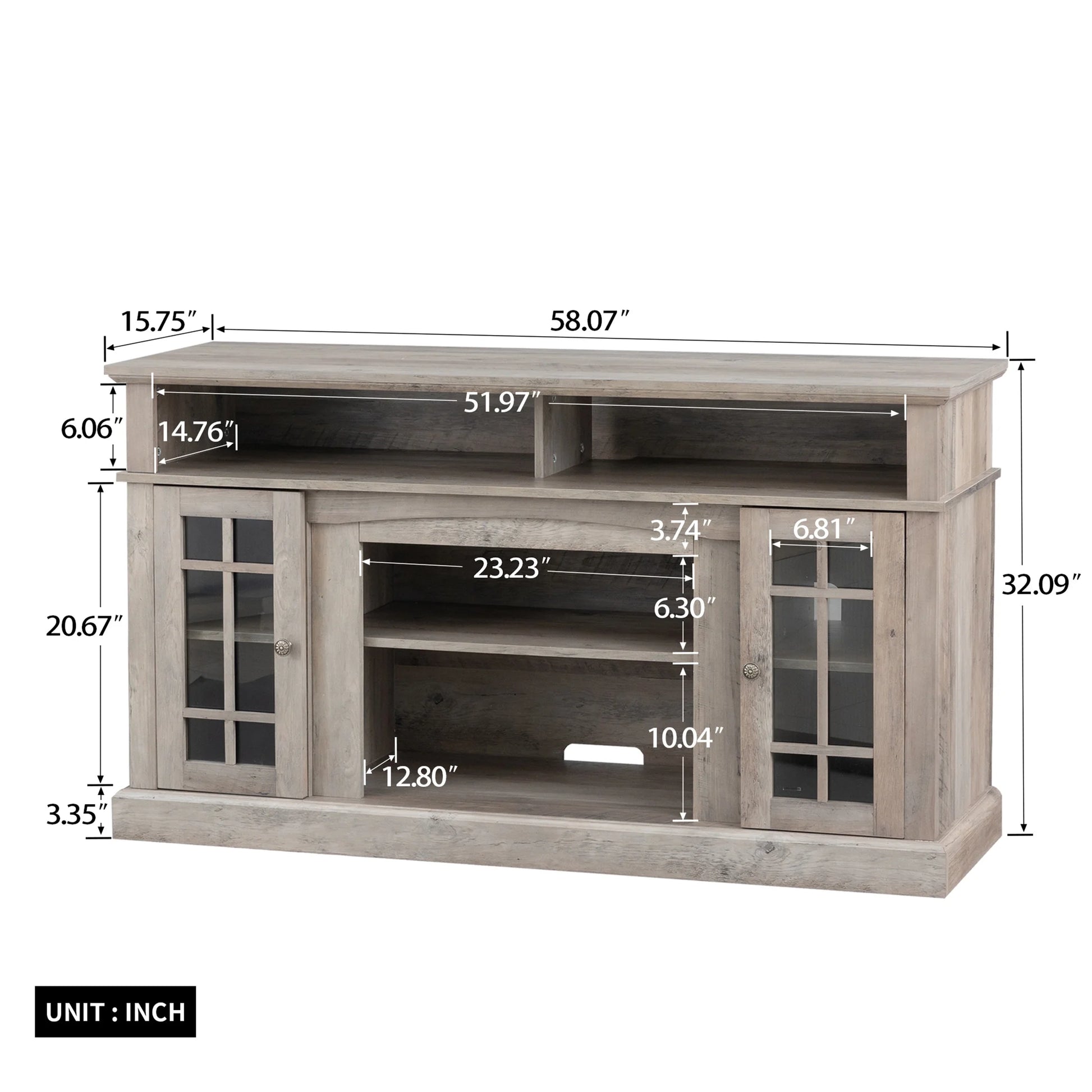 Electric Fireplace TV Stand for 65" TV, Farmhouse TV Stand for Living Room with Adjustable Shelves and Glass Doors, Media Console with Wireless Remote Control Virtual Flame Fireplace, Gray