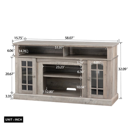 Electric Fireplace TV Stand for 65" TV, Farmhouse TV Stand for Living Room with Adjustable Shelves and Glass Doors, Media Console with Wireless Remote Control Virtual Flame Fireplace, Gray
