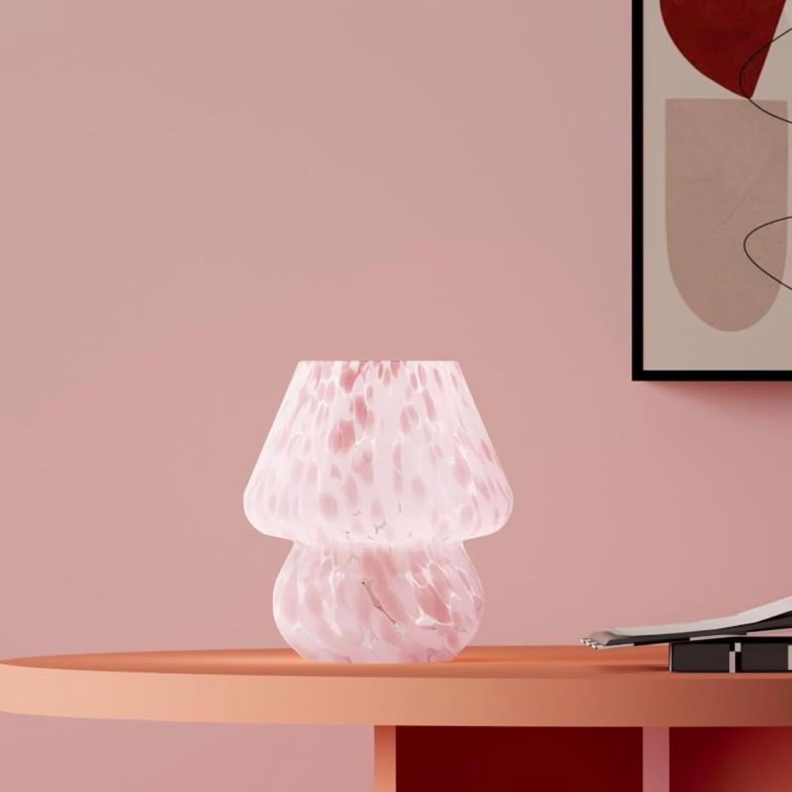 Aesthetic Design Translucent Vintage Glass Desk Lamp for Living Room, Bedroom, Office - Dimmable Small Pink Mushroom Table Lamp