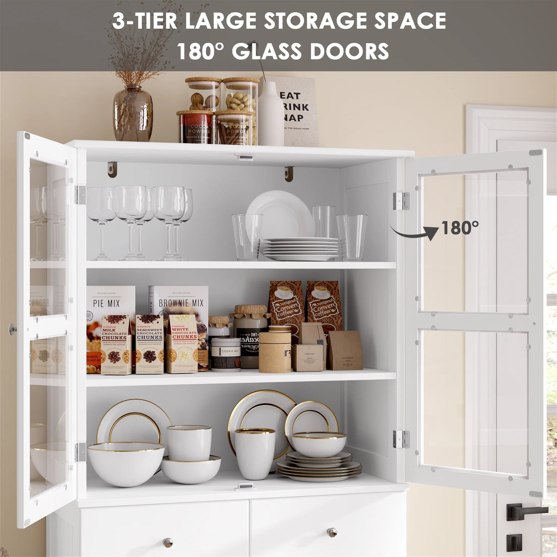 Homfa 71'' Kitchen Pantry with 5-Tier Shelves & 3 Drawers, Floor Cabinet Storage Cupboard With Display Glass Doors for Dining Room, White