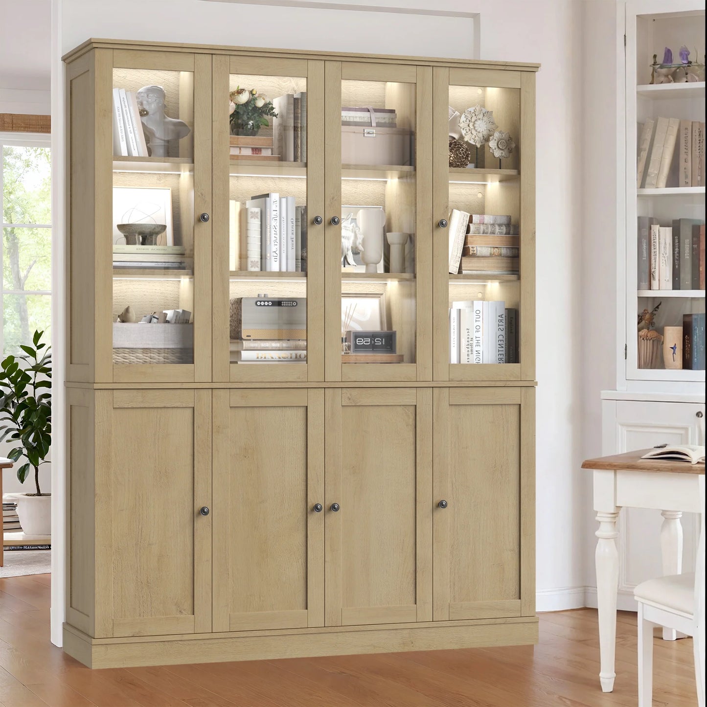 Homfa Kitchen Pantry Cabinet with Glass Doors, 74° Tall Display Cabinets with LED & Adjustable Shelves for Living Room Office, White