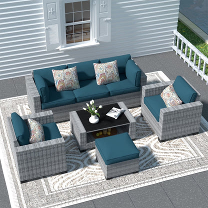 SHGJ& SOFT 7 Piece Patio Furniture Set, Wicker Outdoor Sectional Sofa with Washable Cushion Covers and Tempered Glass Table, Rattan Conversation Set for Poolside, Lawn, Balcony