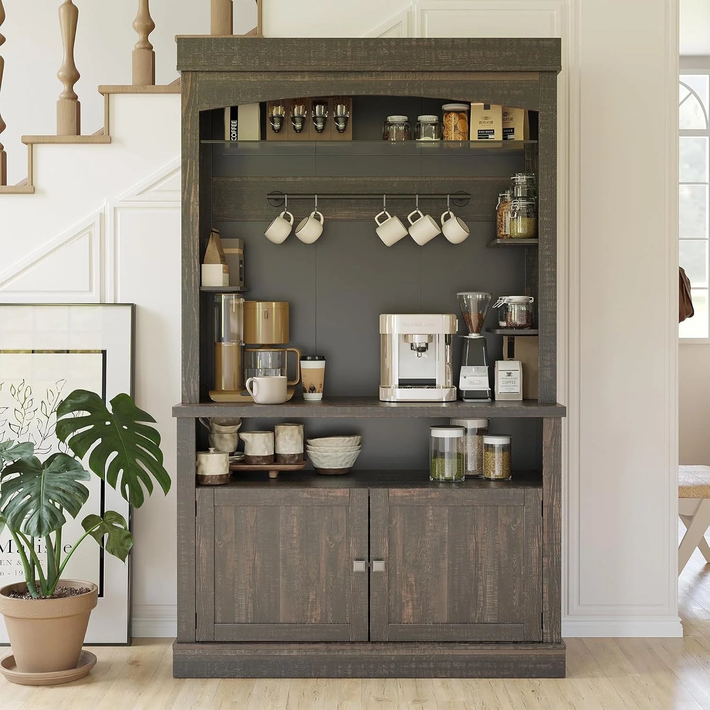GarveeHome 72" Tall Coffee Bar Cabinet with LED Lights, Farmhouse Buffet Cabinet with Storage, Kitchen Sideboard with Microwave Stand, Wine Rack, and Glass Shelf for Dining Room, Dark Oak