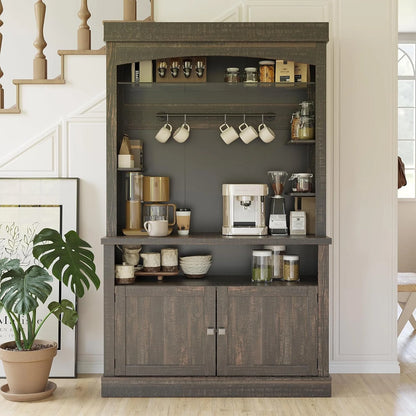 GarveeHome 72" Tall Coffee Bar Cabinet with LED Lights, Farmhouse Buffet Cabinet with Storage, Kitchen Sideboard with Microwave Stand, Wine Rack, and Glass Shelf for Dining Room, Dark Oak