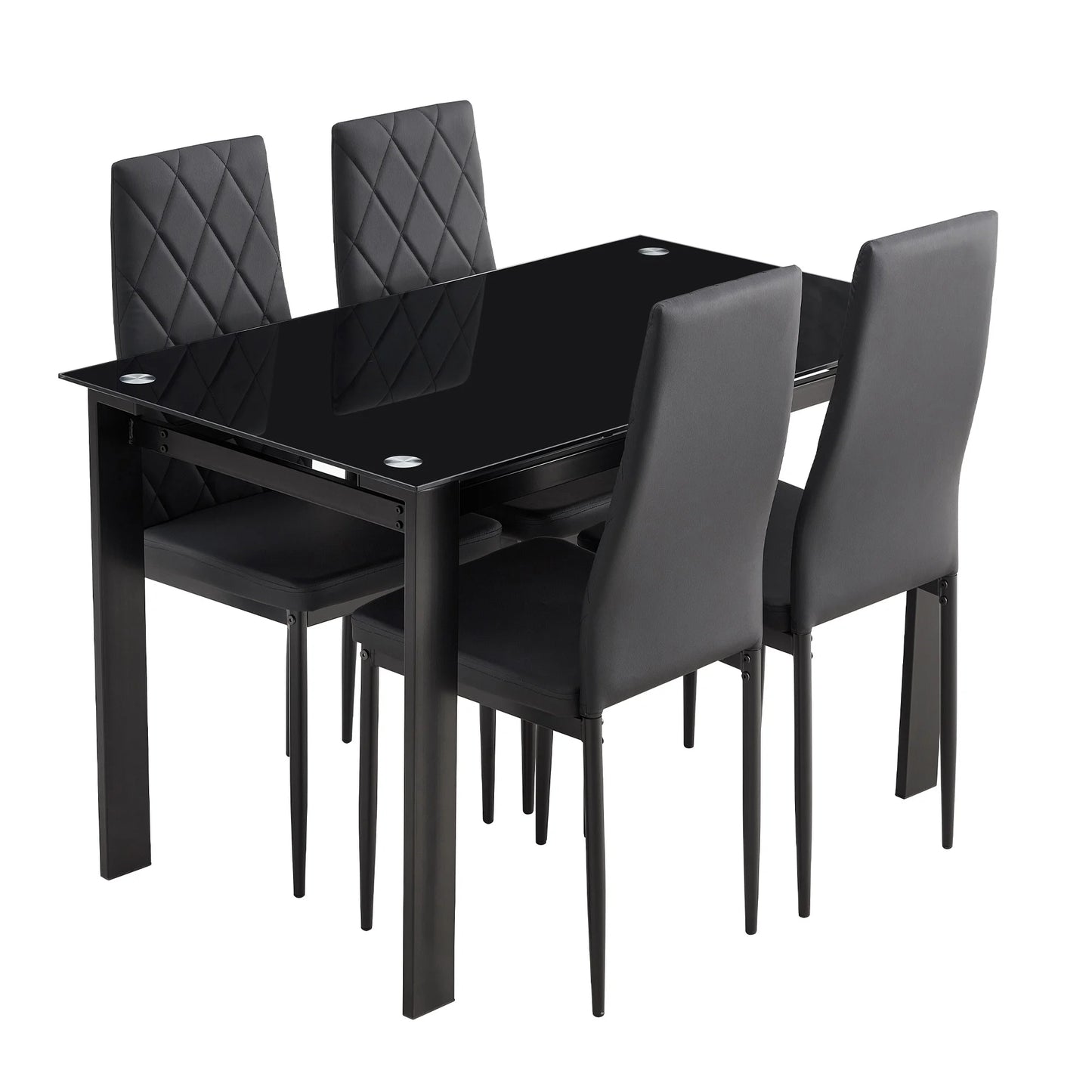 Aukfa 5-Piece Dining Table Set for Dining Room, Kitchen, Dinette, w/Glass Tabletop, 4 Faux Leather Metal Frame Chairs - Black
