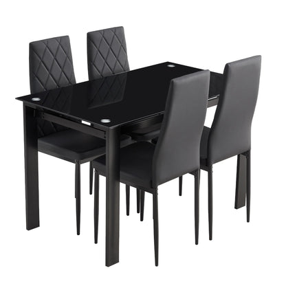 Aukfa 5-Piece Dining Table Set for Dining Room, Kitchen, Dinette, w/Glass Tabletop, 4 Faux Leather Metal Frame Chairs - Black