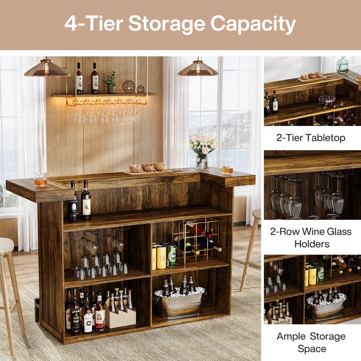Tribesigns 4-Tier Bar Table, 70.9-Inch Large Home Bar Cabinet with Wine Glass Holder and Black Footrest, for Kitchen, Dining Room, Living Room, Pub, Rustic Brown