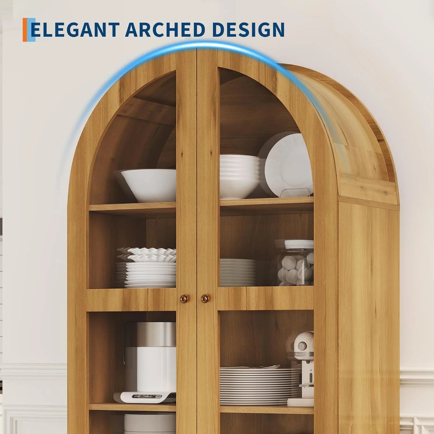 Litake 71" Tall Arched Bookshelf, Modern Bookcase with 2 Drawers, Glass Door and Adjustable Shelf, Wooden Display Cabinet, Versatile Bookshelf Kitchen Storage Pantry for Living Room, Bedroom- Natural