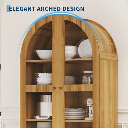 Litake 71" Tall Arched Bookshelf, Modern Bookcase with 2 Drawers, Glass Door and Adjustable Shelf, Wooden Display Cabinet, Versatile Bookshelf Kitchen Storage Pantry for Living Room, Bedroom- Natural