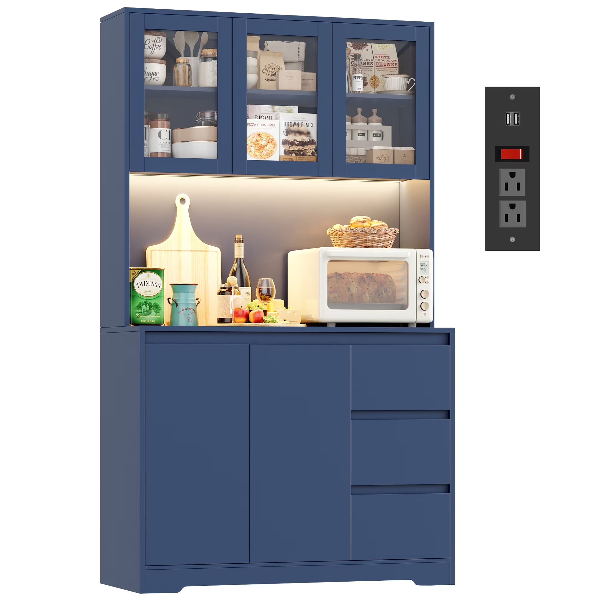 Homfa 70.9'' Kitchen Pantry Cabinet with Charging Station and LED Light, 3 Drawers Buffet Storage Cabinet with Glass Doors and Adjustable Shelves, White