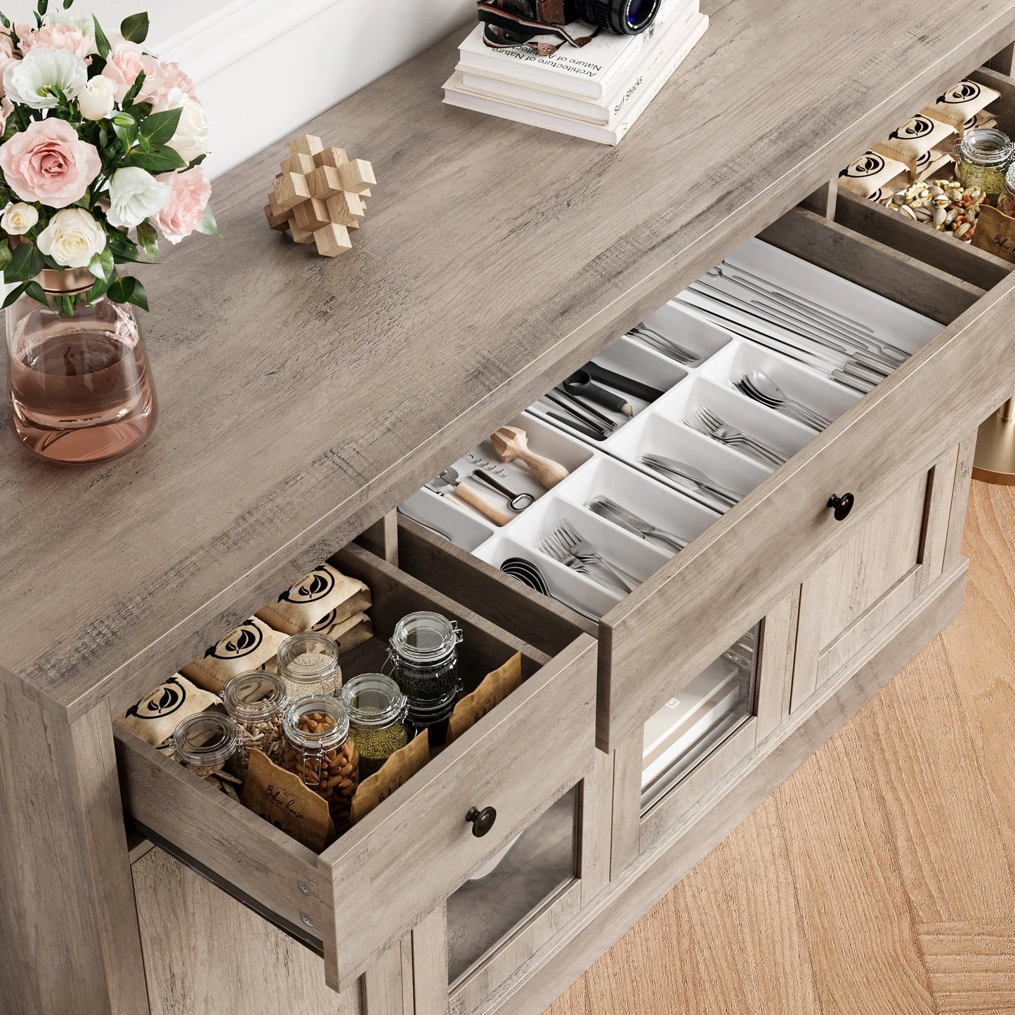 Homfa 55.1'' W Kitchen Buffet Sideboard, 3 Drawer Glass Door Accent Cabinet Coffee Bar with Adjustable Shelf for Dining Room Living Room, Gray Finish