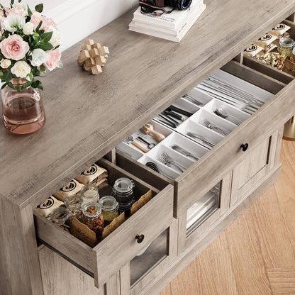 Homfa 55.1'' W Kitchen Buffet Sideboard, 3 Drawer Glass Door Accent Cabinet Coffee Bar with Adjustable Shelf for Dining Room Living Room, Gray Finish
