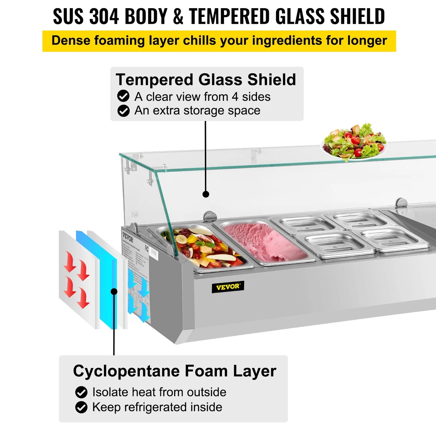 Refrigerated Condiment Prep Station, 48-inch, 10.8Qt Sandwich/Salad Prep Table w/3 1/3 Pans & 4 1/6 Pans, 146W Salad Bar w/304 Stainless Body Tempered Glass Shield Digital Panel Auto Defrost