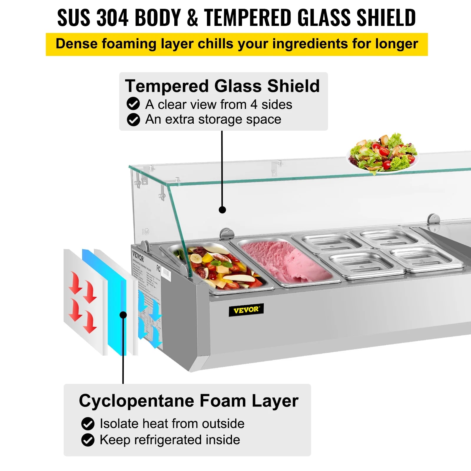 Refrigerated Condiment Prep Station, 48-inch, 10.8Qt Sandwich/Salad Prep Table w/3 1/3 Pans & 4 1/6 Pans, 146W Salad Bar w/304 Stainless Body Tempered Glass Shield Digital Panel Auto Defrost