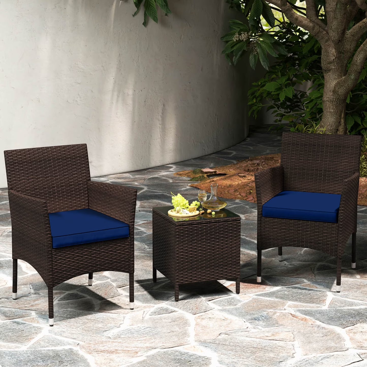 Costway 3 PCS Outdoor Conversation Set with Cushioned Seat & Tempered Glass Tabletop Beige