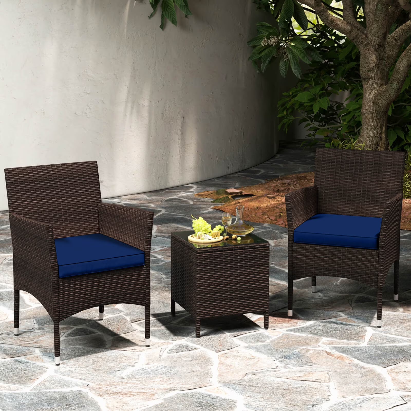 Costway 3 PCS Outdoor Conversation Set with Cushioned Seat & Tempered Glass Tabletop Beige