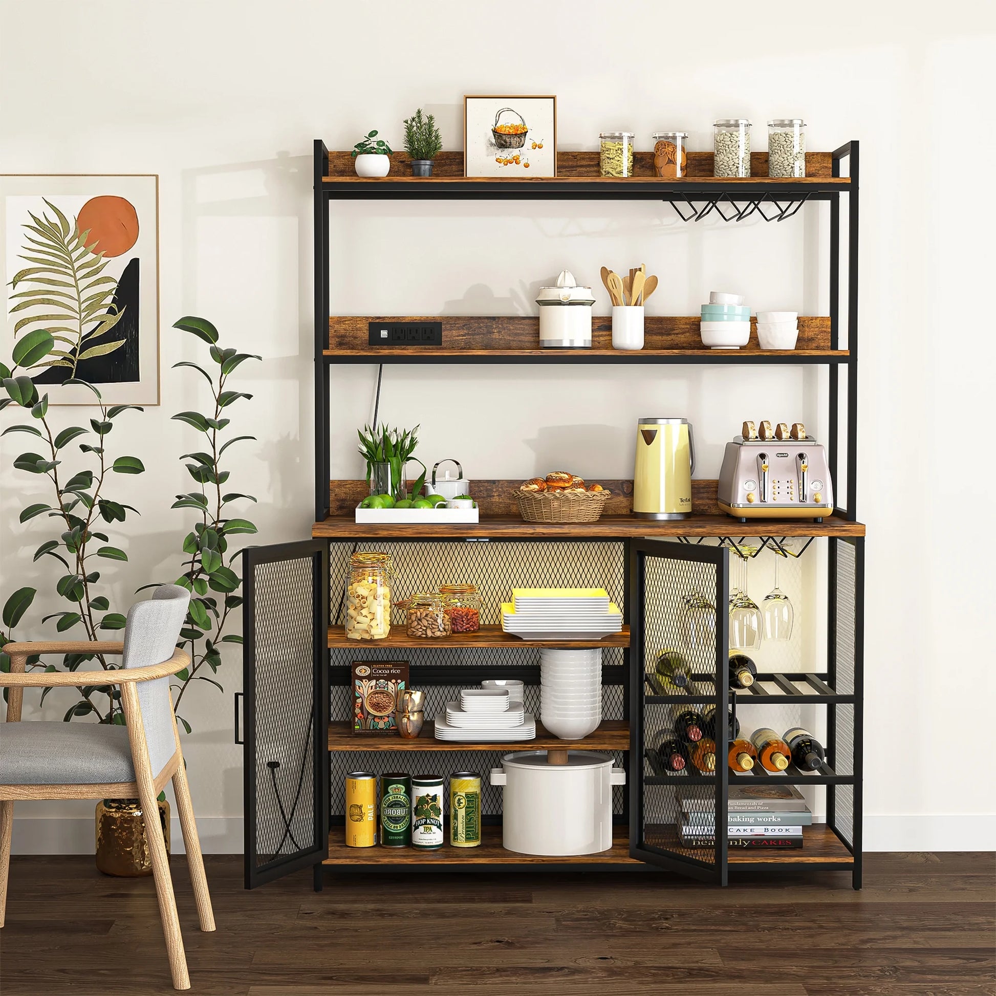 Kepooman Coffee Bar Cabinet with Power Outlet, Industrial Buffet Cabinet with LED Strip and Glass Holder, 3-Tiers Liquor Cabinet Bar for Home, Dining Room, Kitchen, Vintage Brown