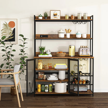 Kepooman Coffee Bar Cabinet with Power Outlet, Industrial Buffet Cabinet with LED Strip and Glass Holder, 3-Tiers Liquor Cabinet Bar for Home, Dining Room, Kitchen, Vintage Brown