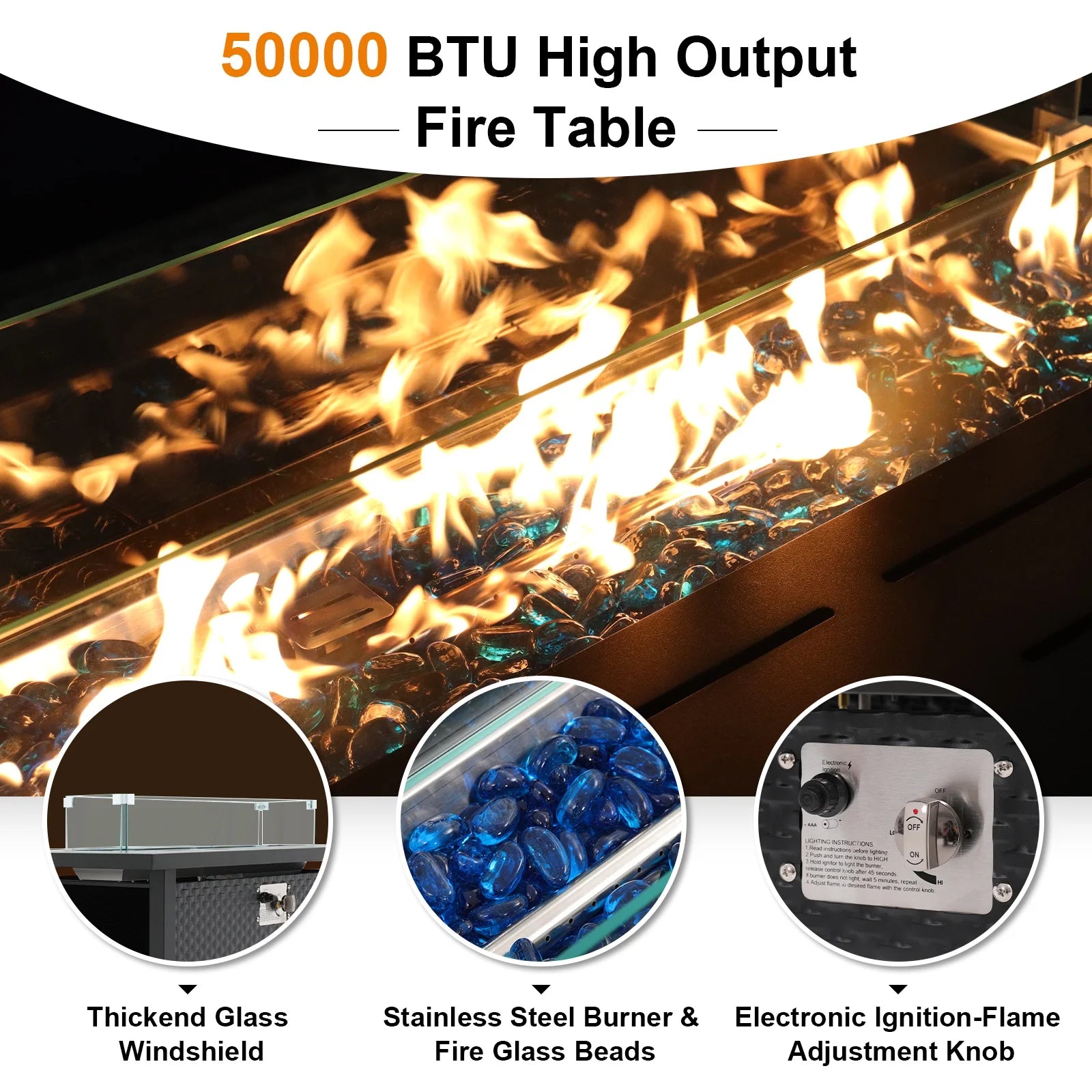 JOIVI 45° Propane Fire Pit, 50,000 BTU Gas Fire Pit Table with Glass Wind Guard and Waterproof Cover, Outdoor Heating Firepit Table for Patio, Yard, Balcony