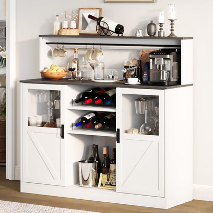 Vividwood Buffet Cabinet with Storage, 47'' Farmhouse Coffee Bar Cabinet with Wine Rack and Glass Goblet Holder, Bar Station Wood Kitchen Table for Dining Room, Living Room, White/Brown