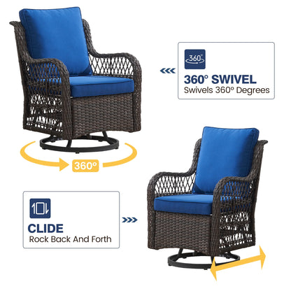 Twister.CK 3 Pieces Patio Furniture Set, Outdoor Swivel Gliders Rocker, Wicker Patio Bistro Set with Rattan Rocking Chair, Glass Top Side Table and Thickened Cushions for Porch Deck Backyard