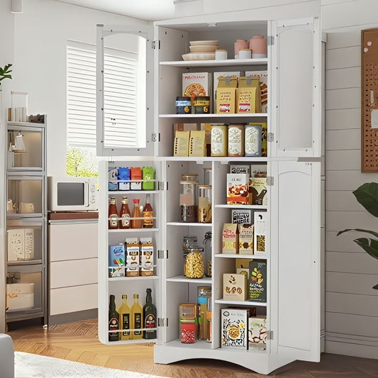 Pantry Cabinet, Lofka 64" Kitchen Pantry Storage Cabinet with Frosted Glass Doors and 14 Shelves, White