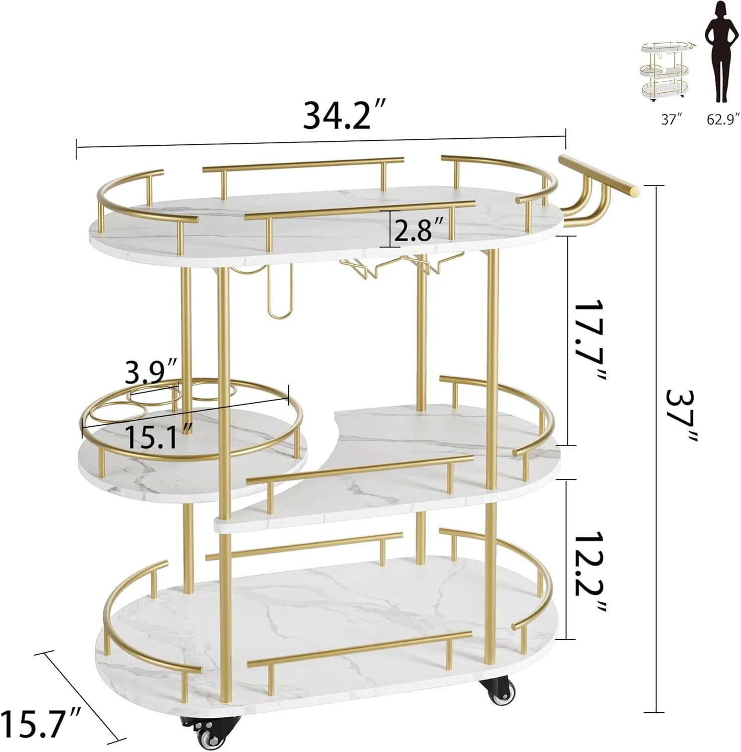 Yesurprise Gold Bar Cart 3 Tier Bar Carts for The Home Rotated Bar Cart Gold with Wine Rack and Glass Holder Bar Serving Cart with Wheels for Living Room Kitchen Dining Room