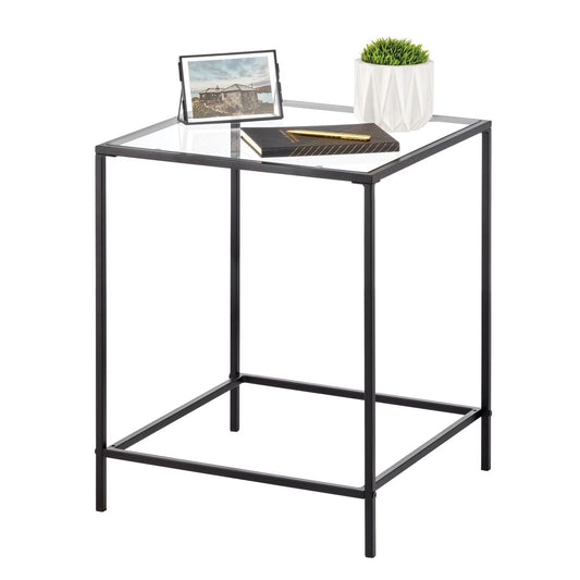 mDesign Metal and Glass Top Square Accent Side/End Table Furniture Unit, Black