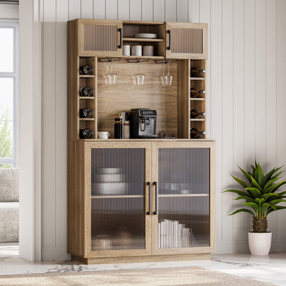 BELLEZE Coffee Wine Bar Cabinet with Power Outlet, 72" Rustic Liquor Cabinet, Tall Buffet Cabinet with Storage Kitchen Pantry Cupboard Wine& Glasses Rack Server with Hutch for Home Dining Room, Ebony