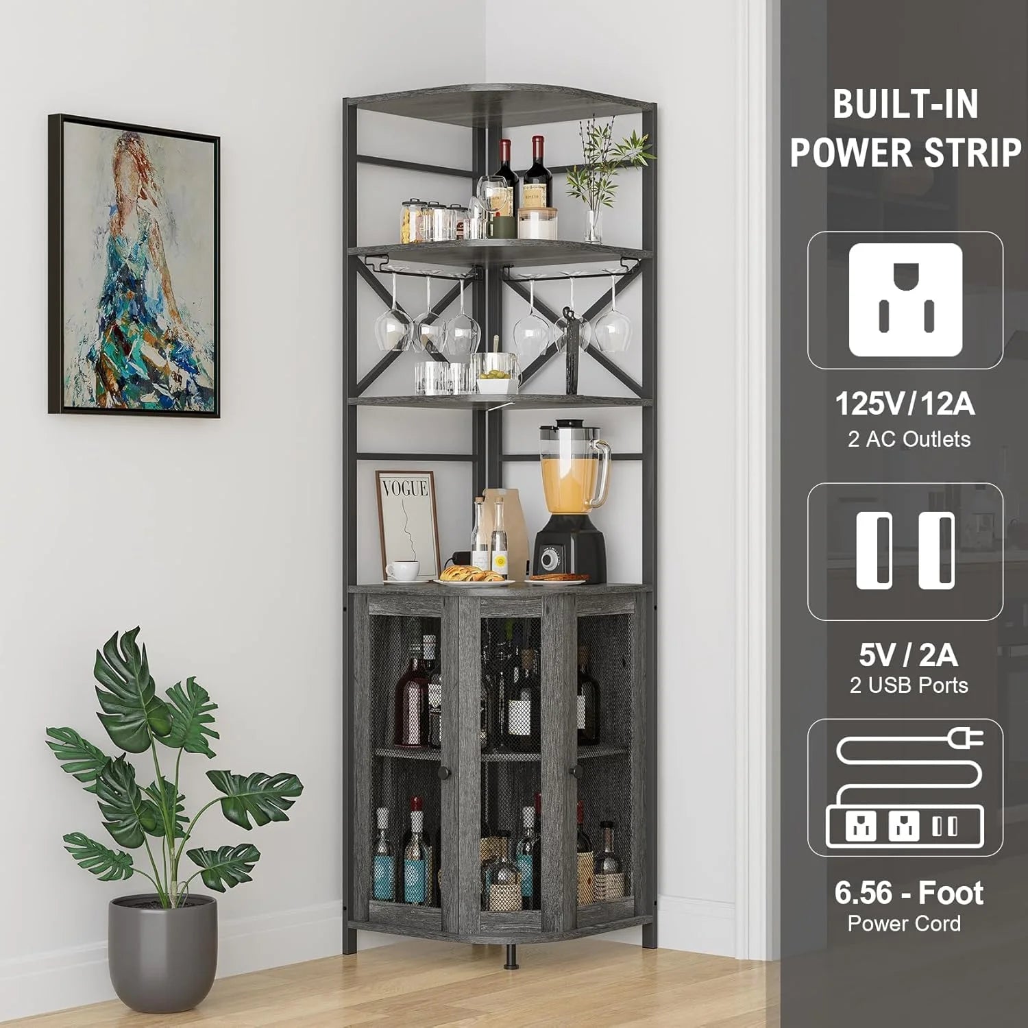 Frmobepts Corner Bar Cabinet with Power Outlet, 6-Tiers Industrial Wine Cabinet with LED Strip and Glass Holder for Living Room, Kitchen, Grey