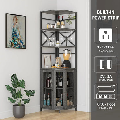 Frmobepts Corner Bar Cabinet with Power Outlet, 6-Tiers Industrial Wine Cabinet with LED Strip and Glass Holder for Living Room, Kitchen, Grey
