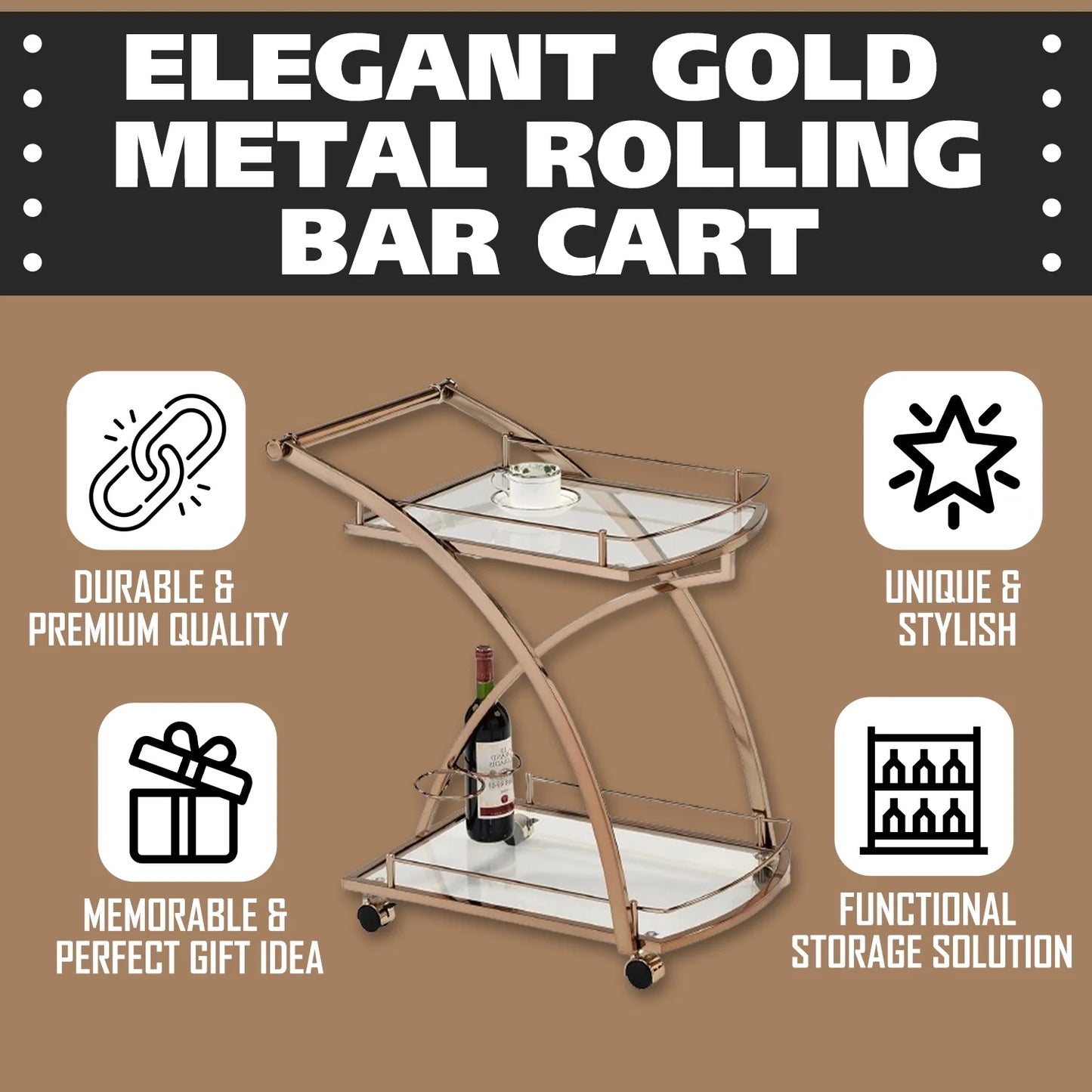 Kings Brand Furniture Metal Rolling Bar Kitchen Serving Cart with 2 Glass Shelves and Wine Holders, Gold