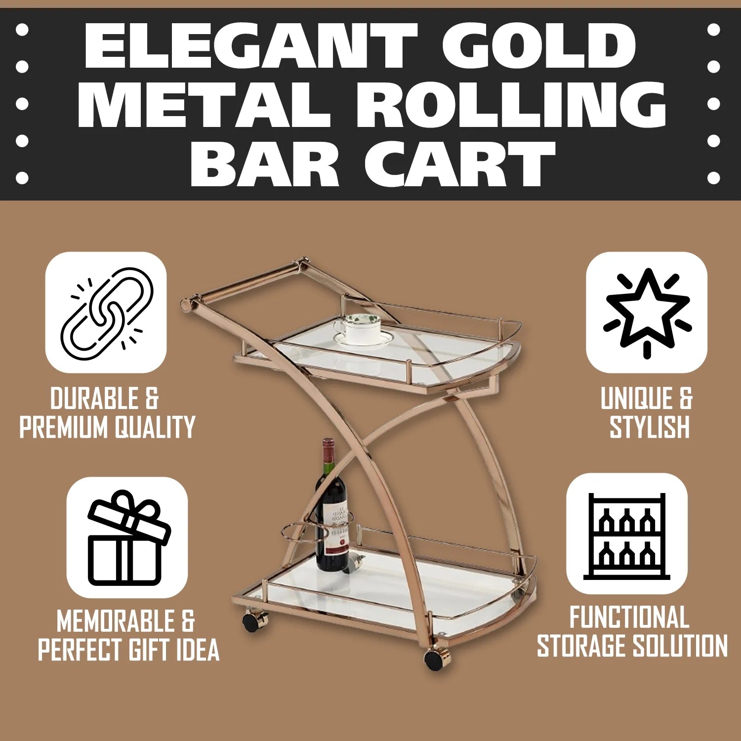 Kings Brand Furniture Metal Rolling Bar Kitchen Serving Cart with 2 Glass Shelves and Wine Holders, Gold