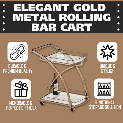 Kings Brand Furniture Metal Rolling Bar Kitchen Serving Cart with 2 Glass Shelves and Wine Holders, Gold
