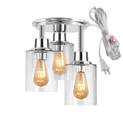 FSLiving 3-Head Glass Hanging Light with 15ft Plug-in Cord Nickel Decorative Plug In Ceiling Light Hallway Pendant Light,Industrial Semi Flush Mount Dimmable for Living Roon Bedroom