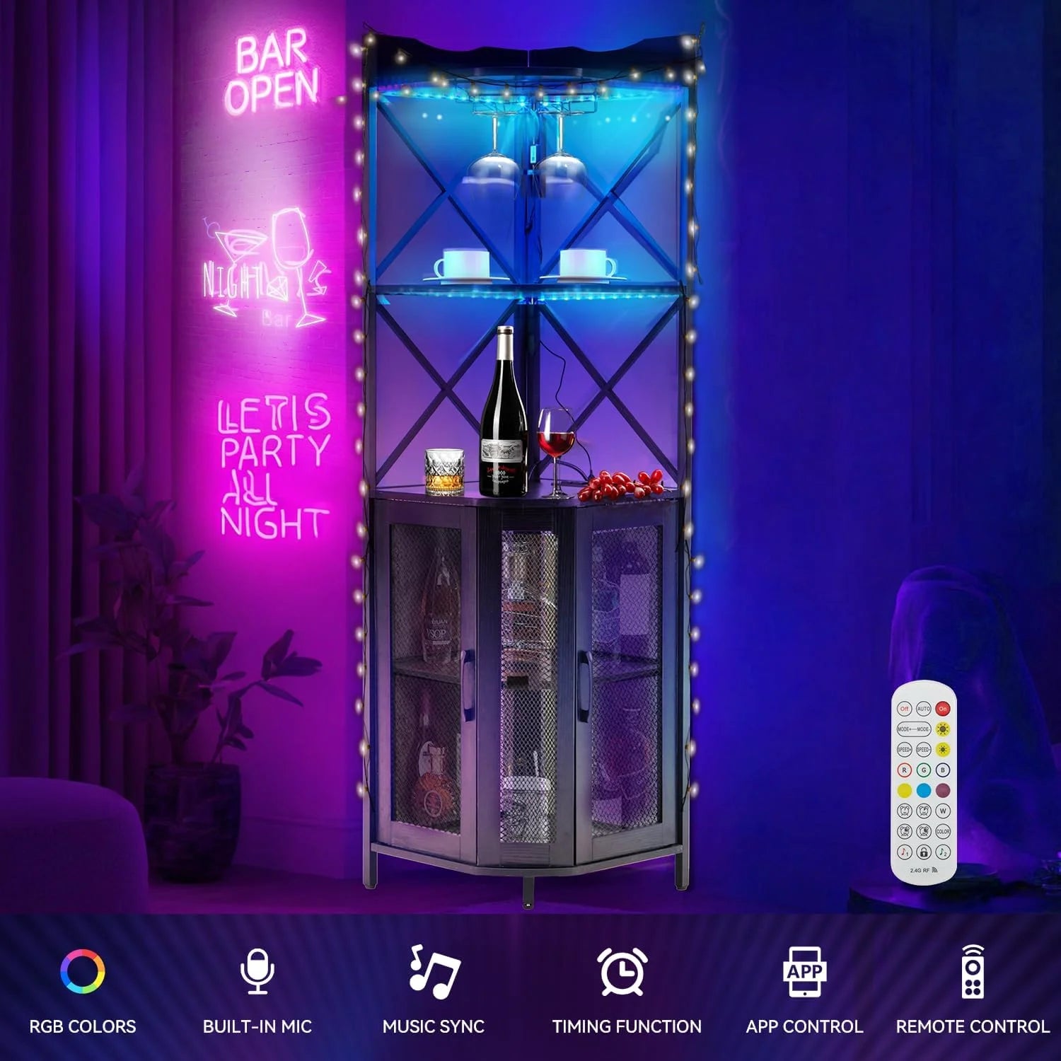 EROMMY Corner Bar Cabinet with Power Outlet, 5-Tiers Wine Bar Cabinet with LED Light and Glass Holder, Industrial Home Bar for Dining Room, Living Room, Kitchen, Modern Black