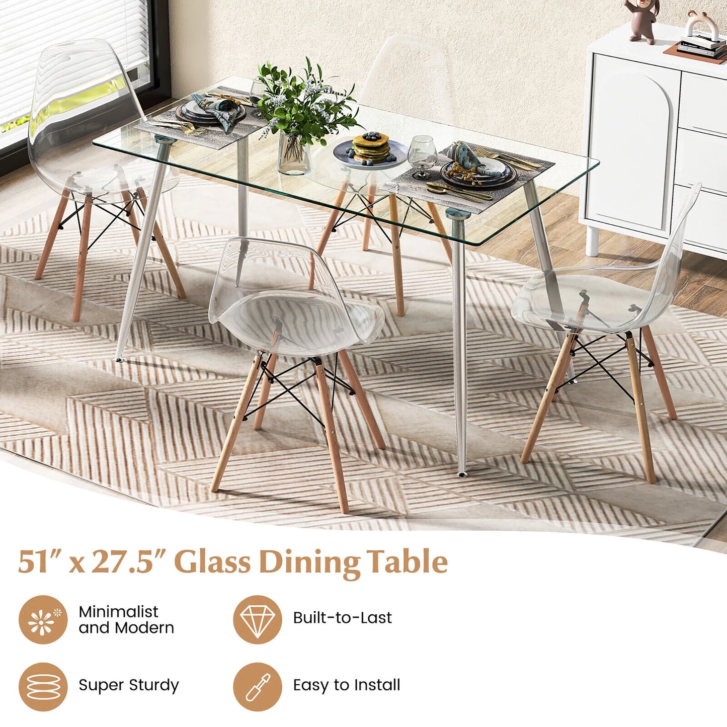 Gymax Modern Glass Dining Table Rectangular Dining Room Table W/Metal Legs For Kitchen Silver