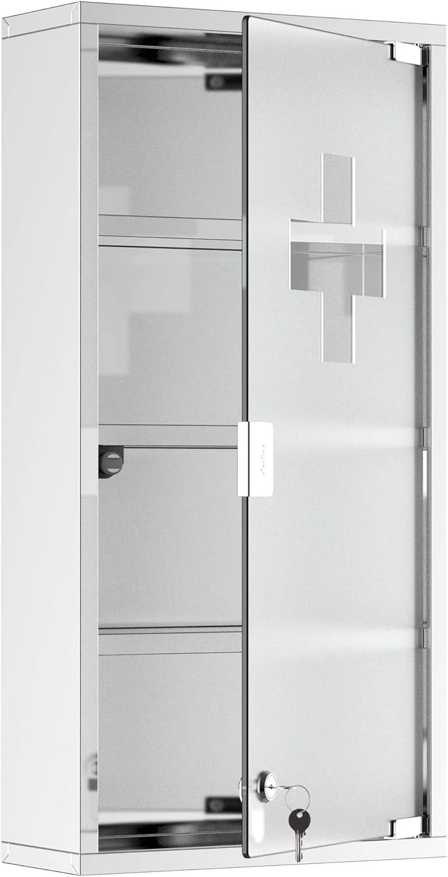 BOBOKY Wall Mounted Medicine Cabinet, Locking Wall Cabinet with 4 Tier Shelves, Stainless Steel Frame and Glass Door, Lockable with 2 Keys, Silver,12" x 24"