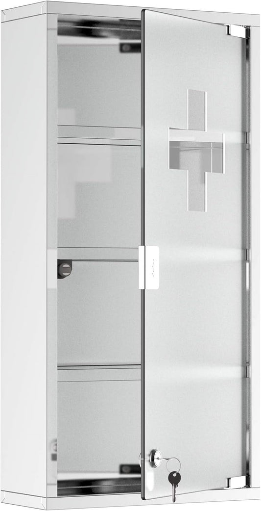 BOBOKY Wall Mounted Medicine Cabinet, Locking Wall Cabinet with 4 Tier Shelves, Stainless Steel Frame and Glass Door, Lockable with 2 Keys, Silver,12" x 24"