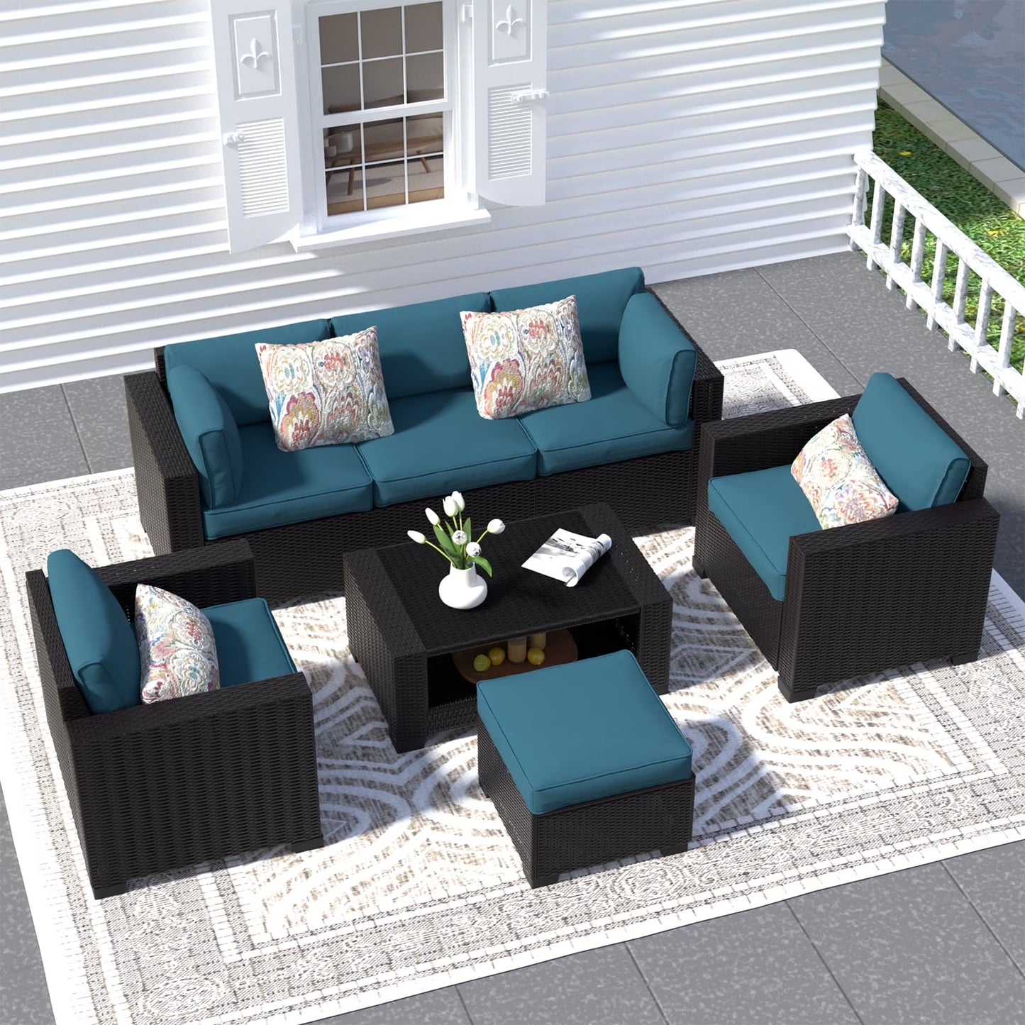 SHGJ& SOFT 7 Piece Patio Furniture Set, Wicker Outdoor Sectional Sofa with Washable Cushion Covers and Tempered Glass Table, Rattan Conversation Set for Poolside, Lawn, Balcony