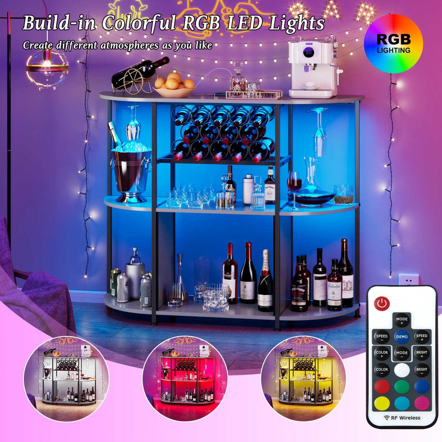 BOSSIN Bar Cabinet with Power Outlet & LED Home,Coffee Bar Cabinet for Liquor,Bar Cart with 4-Tier Storage for Bottles and Glass Holder