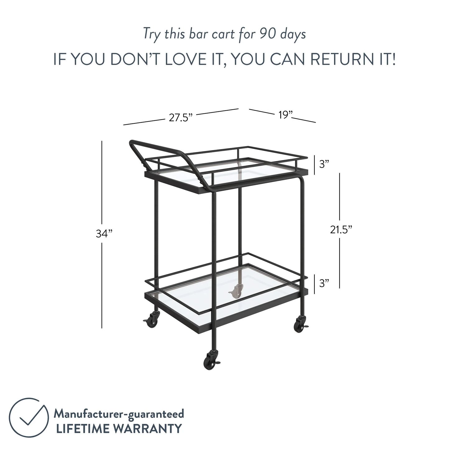 Nathan James Sally 2-Tiered Black Metal Frame Glass Rolling Bar Cart and Tea or Cocktail Cart