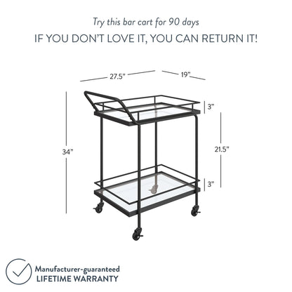 Nathan James Sally 2-Tiered Black Metal Frame Glass Rolling Bar Cart and Tea or Cocktail Cart