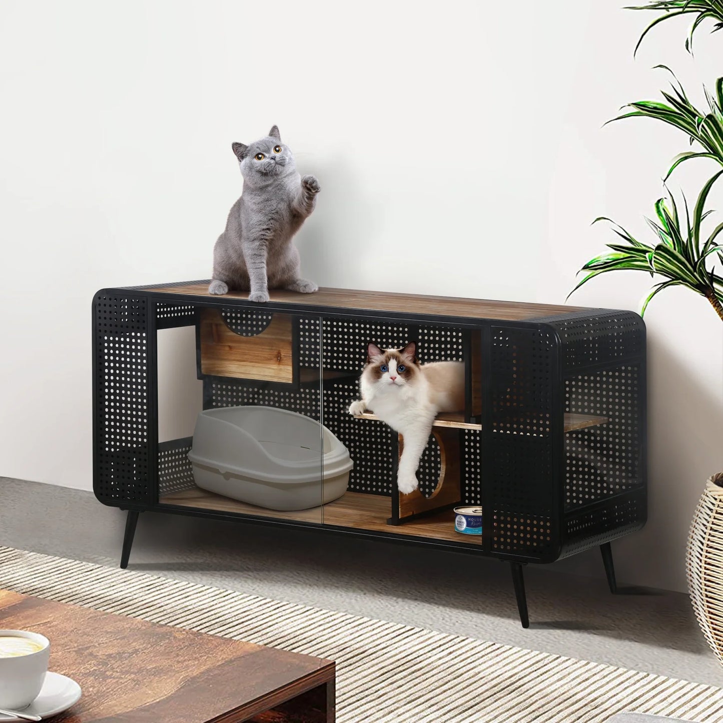 55.12"Spacious Cat House with 2 Sliding Tempered Glass Doors, for Living Room, Bedroom, Hallway, 55.12"L x 22.83"W x 29.92"H Top Board: 110 lbs Load, Cabinet shelf: 60 lbs Load, Black