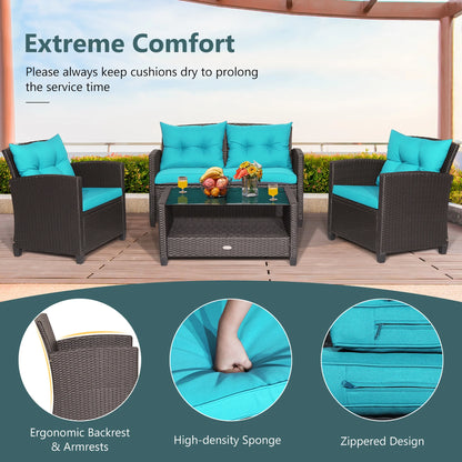 Costway 8 PCS Patio Rattan Furniture Set Glass Table Shelf Sofa Cushion Turquoise