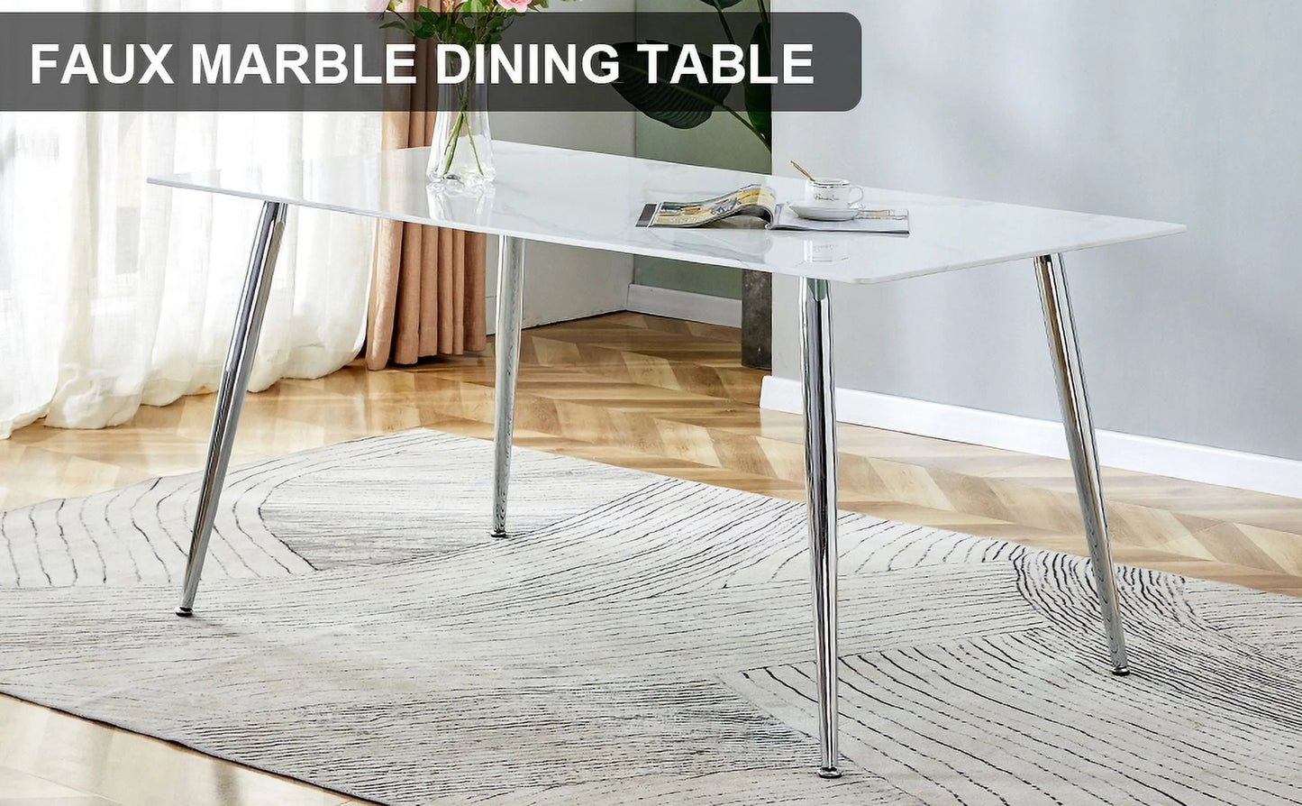PWOPWOE Modern Minimalist Rectangular Glass Dining Table with 0.4 "White Imitation Marble Glass Sticker Desktop And Silver Metal Legs, suitable for Kitchens, Restaurants, And Living Rooms63"*35.4"*30"