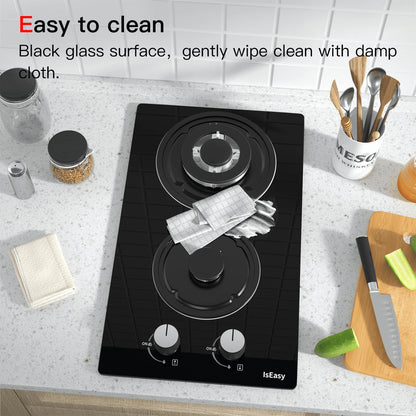 IsEasy Tempered Glass Gas Cooktop, 12” 2 Burners 120V Built-in Gas Hob Suitable For Dual Fuel LPG/NG, Thermocouple Protection