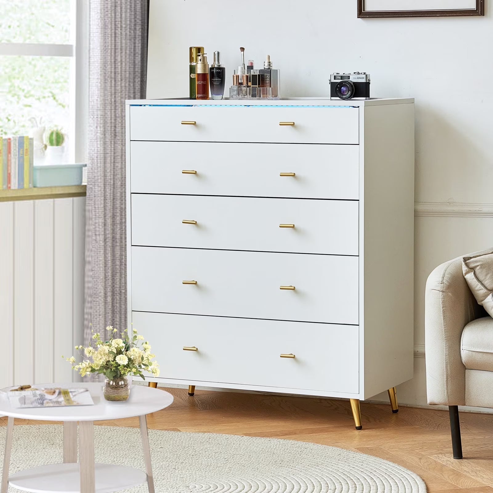 JanflyHome Drawer Dresser with LED Lights, Glass Top, Dresser with 5 Drawers Modern Storage Cabinet for Adult